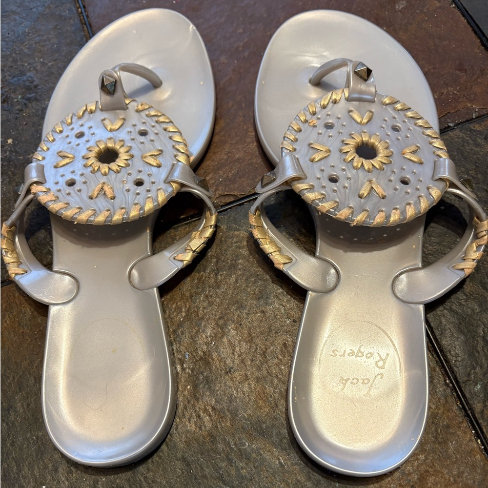 Jack Rogers Georgica Jelly Thong Sandals Gray and Gold 6